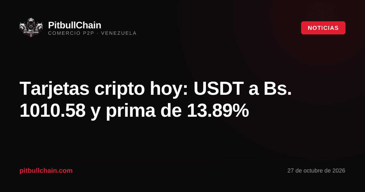Tarjetas cripto hoy: USDT a Bs. 1010.58 y prima de 13.89%