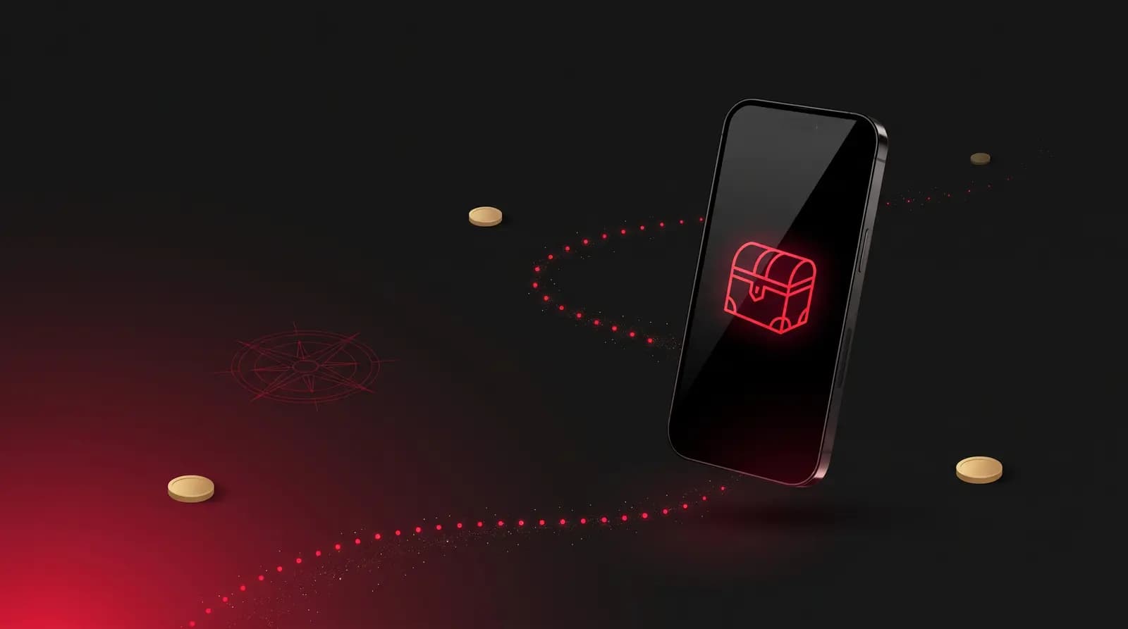 Ilustración de la campaña Trading Treasure Hunt: un teléfono con un cofre de tesoro luminoso y un rastro de pistas
