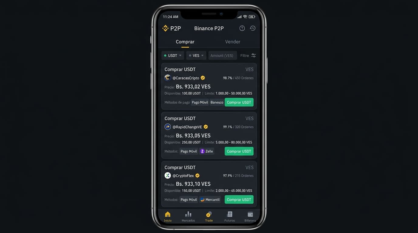 Binance P2P supera los Bs. 930 por USDT con brecha sobre el 20% frente al BCV