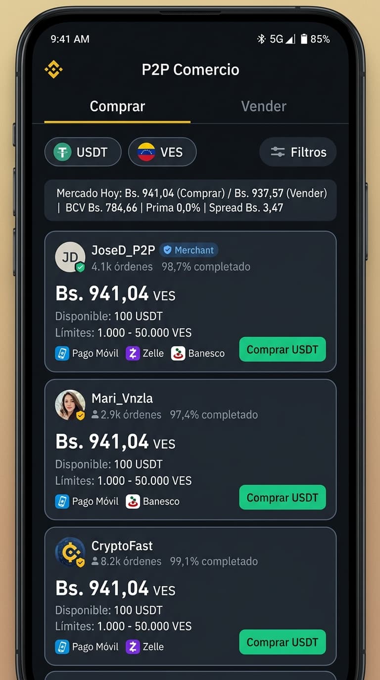 Brecha USDT P2P vs BCV en 19,09%: demanda y liquidez
