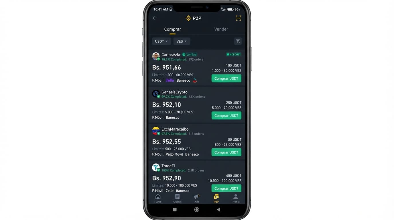 Order book USDT/VES: spread de 0,04% en la punta y 2,81% promedio P2P