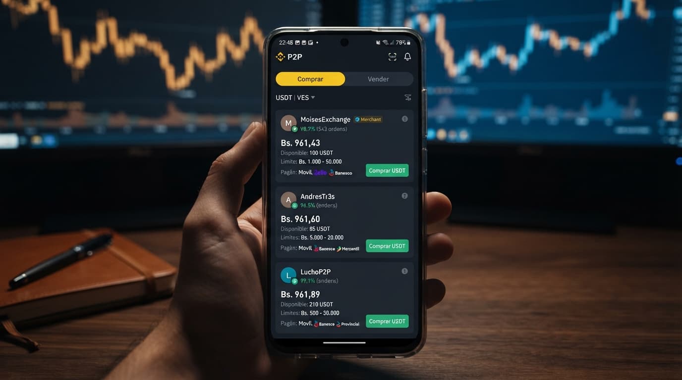 P2P USDT/VES: libro con spread de 0,19% y prima de 15,12% vs BCV