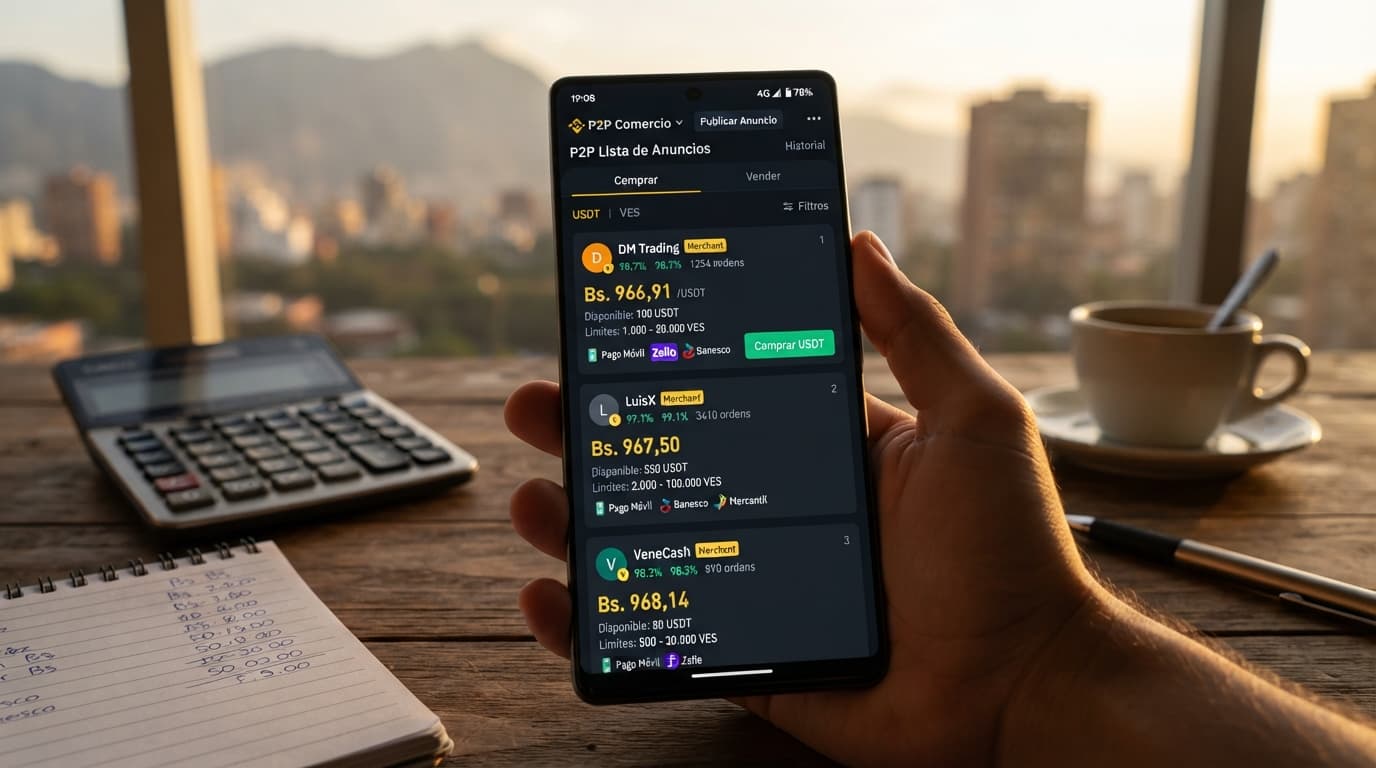 Prima del USDT P2P cae a 14,12% frente al BCV: 8,26 puntos menos