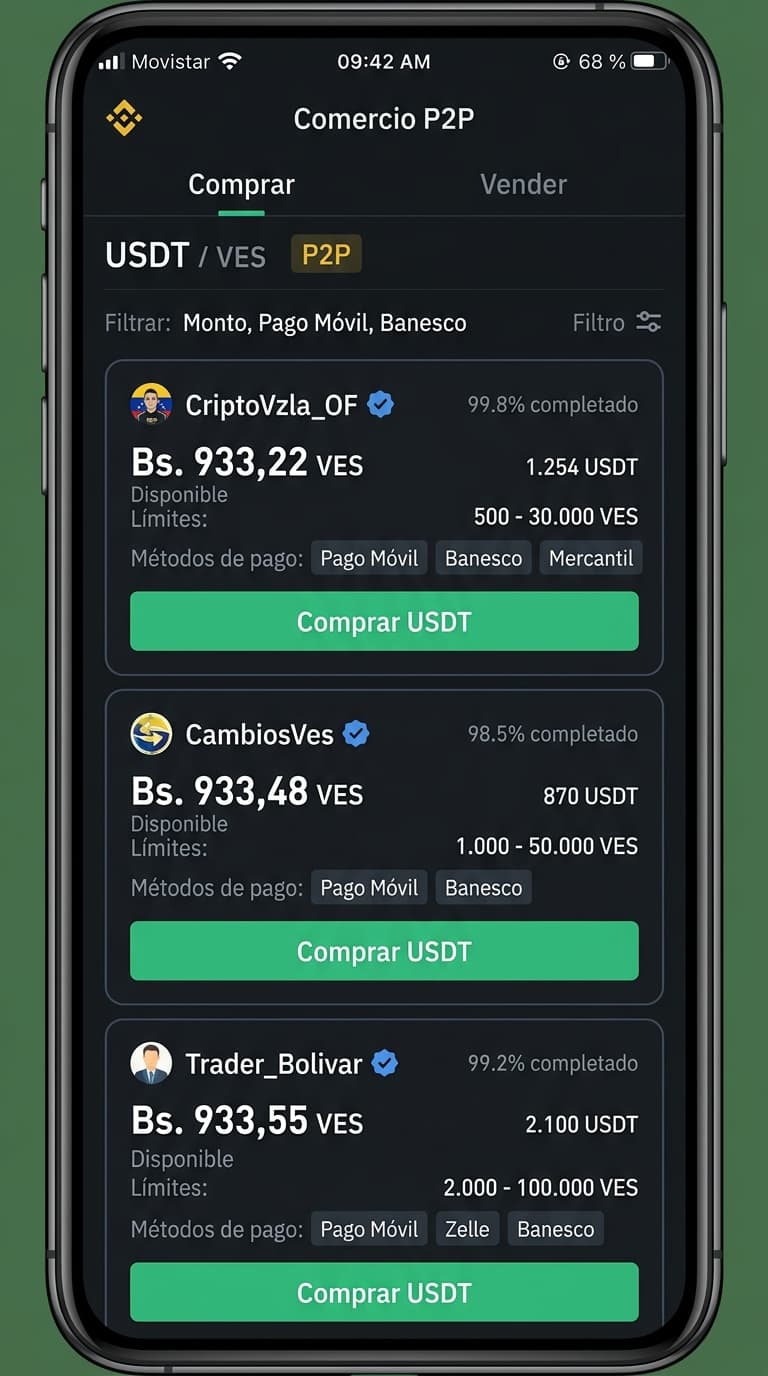 USDT en Binance P2P cotiza en Bs. 928 con prima del 18% frente a la tasa BCV