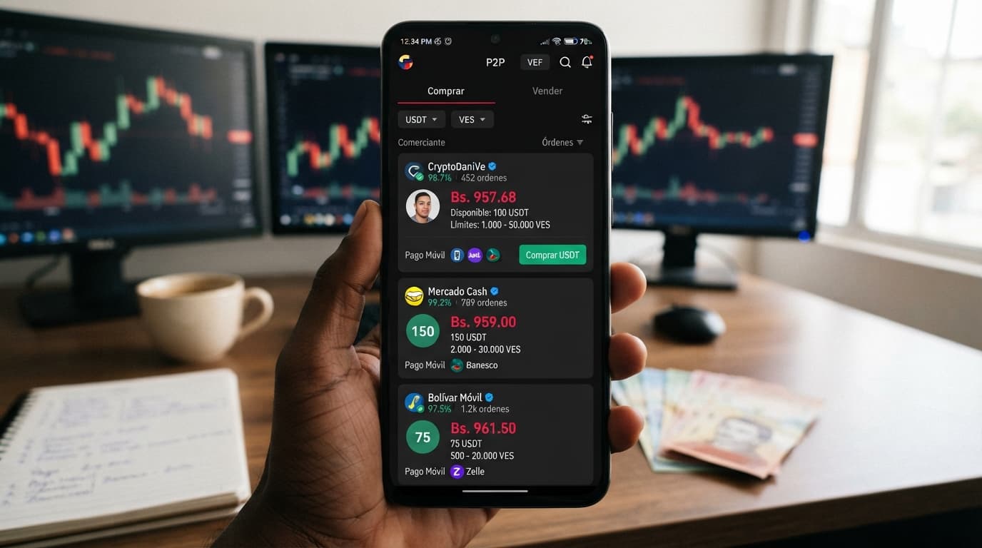 USDT P2P en 964,71 Bs: prima de 13,17% frente al BCV y spread de 3,57%