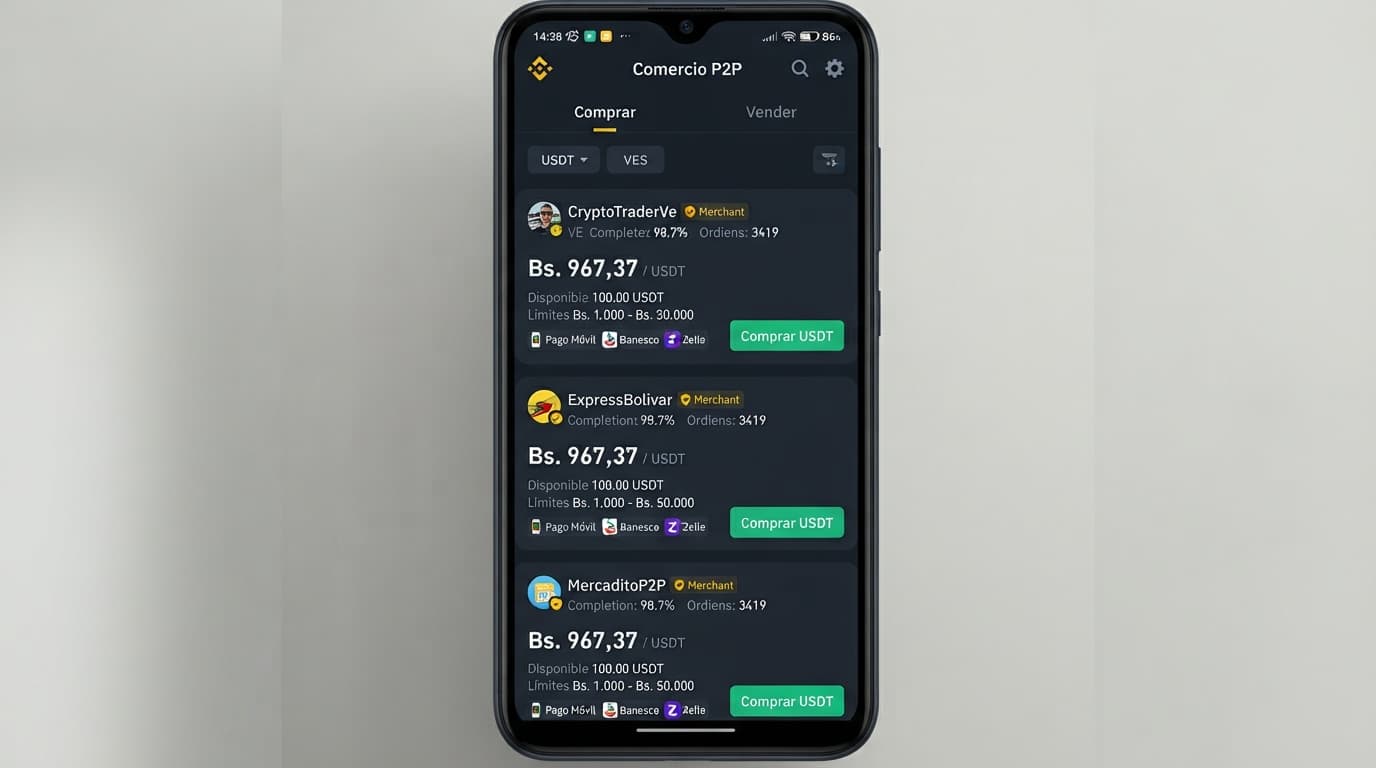 USDT P2P: prima de 13,23% sobre el BCV y libro 80% cargado en compra
