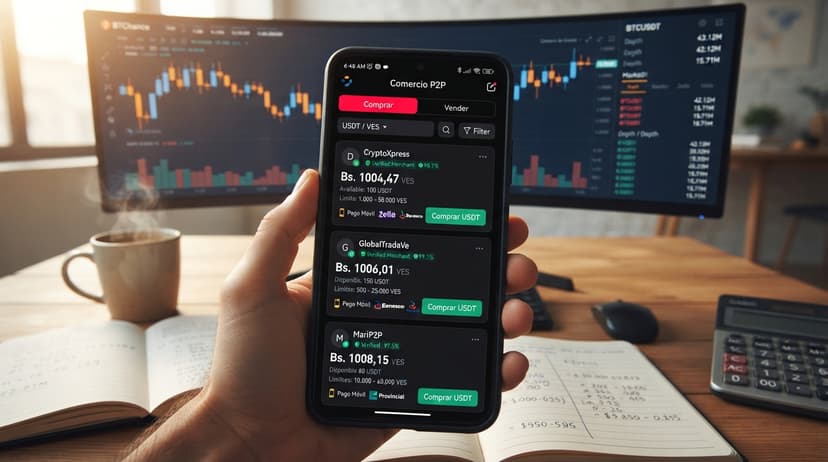 USDT P2P: prima de 15,8% sobre el BCV, spread 4,55% y 221 ofertas