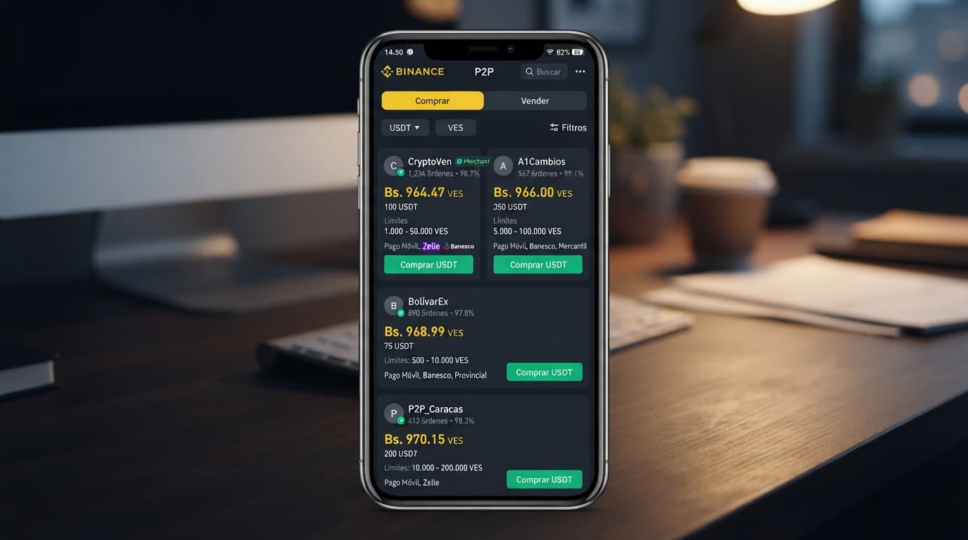 USDT P2P Venezuela: spread 2,38%, prima 11,75% y 296 ofertas
