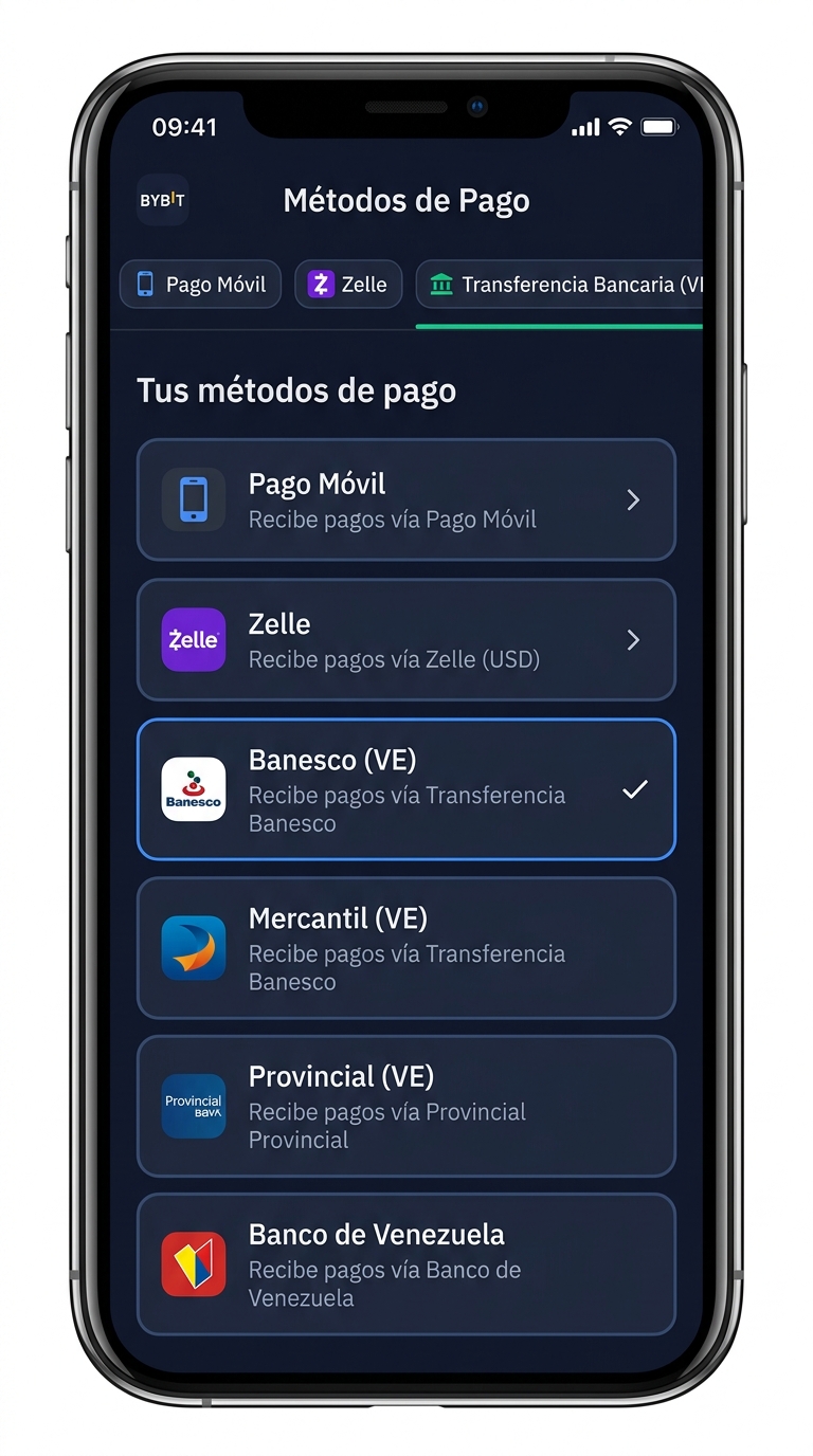 Interfaz móvil de comercio P2P (bybit - payment-methods)