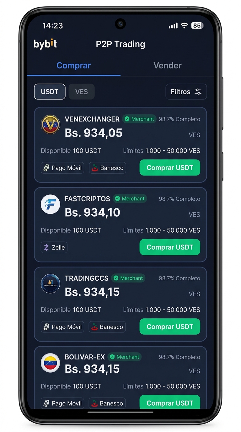 Interfaz móvil de comercio P2P (bybit - ad-list)
