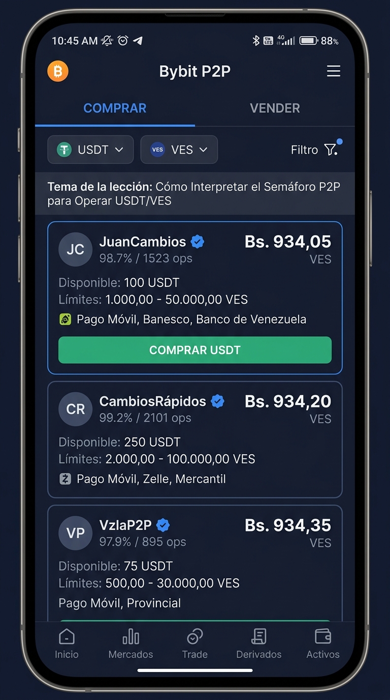 Interfaz móvil de comercio P2P (bybit - ad-list)