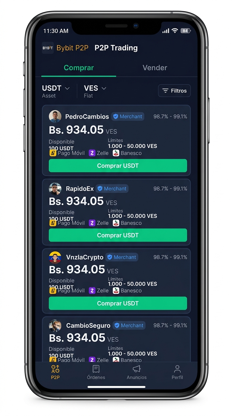 Interfaz móvil de comercio P2P (bybit - ad-list)