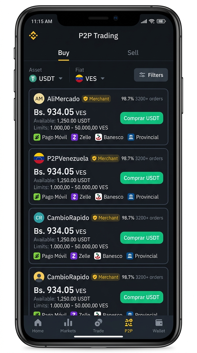 Interfaz móvil de comercio P2P (binance - ad-list)