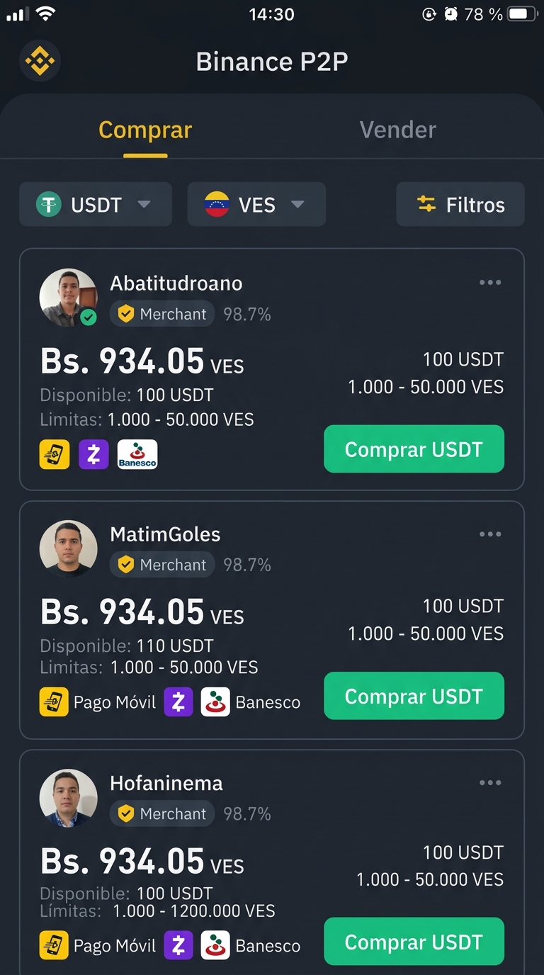 Interfaz móvil de comercio P2P (binance - ad-list)