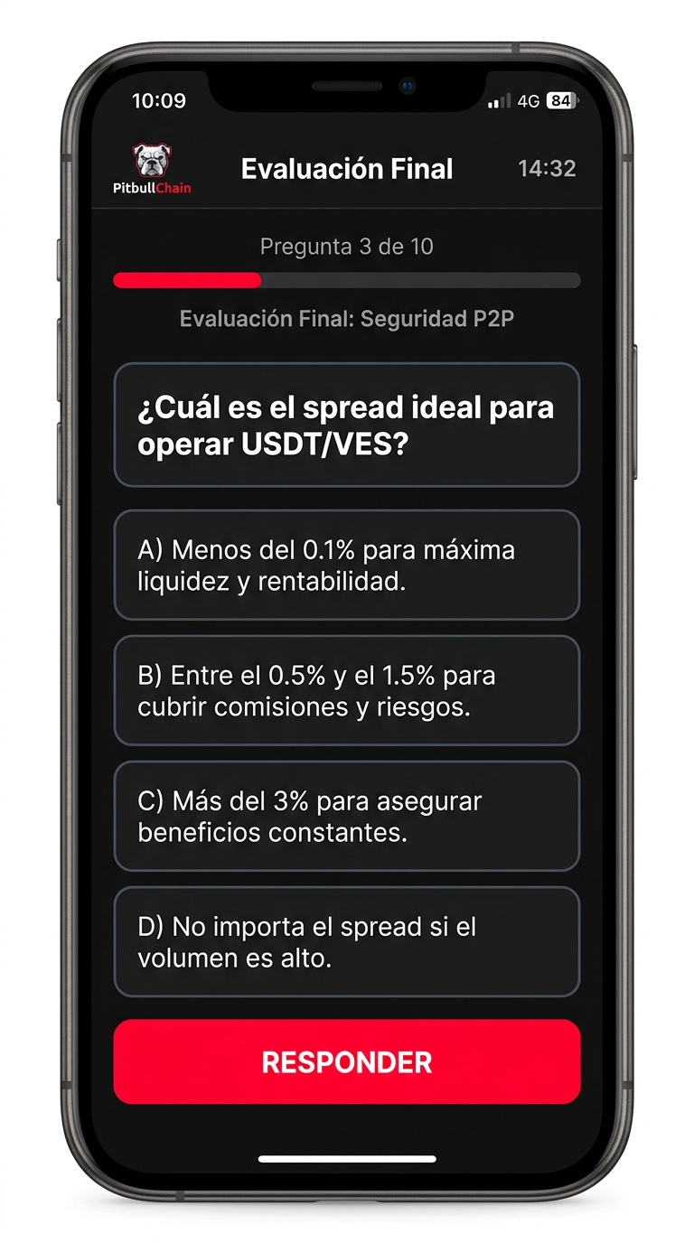 Pantalla de evaluación final de la Academia PitbullChain (Evaluación Final: Seguridad P2P)