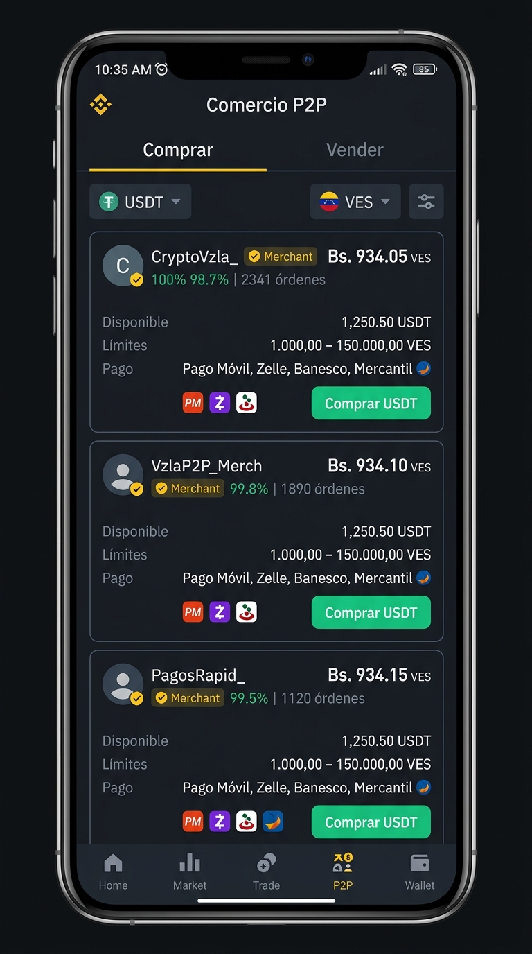 Interfaz móvil de comercio P2P (binance - ad-list)