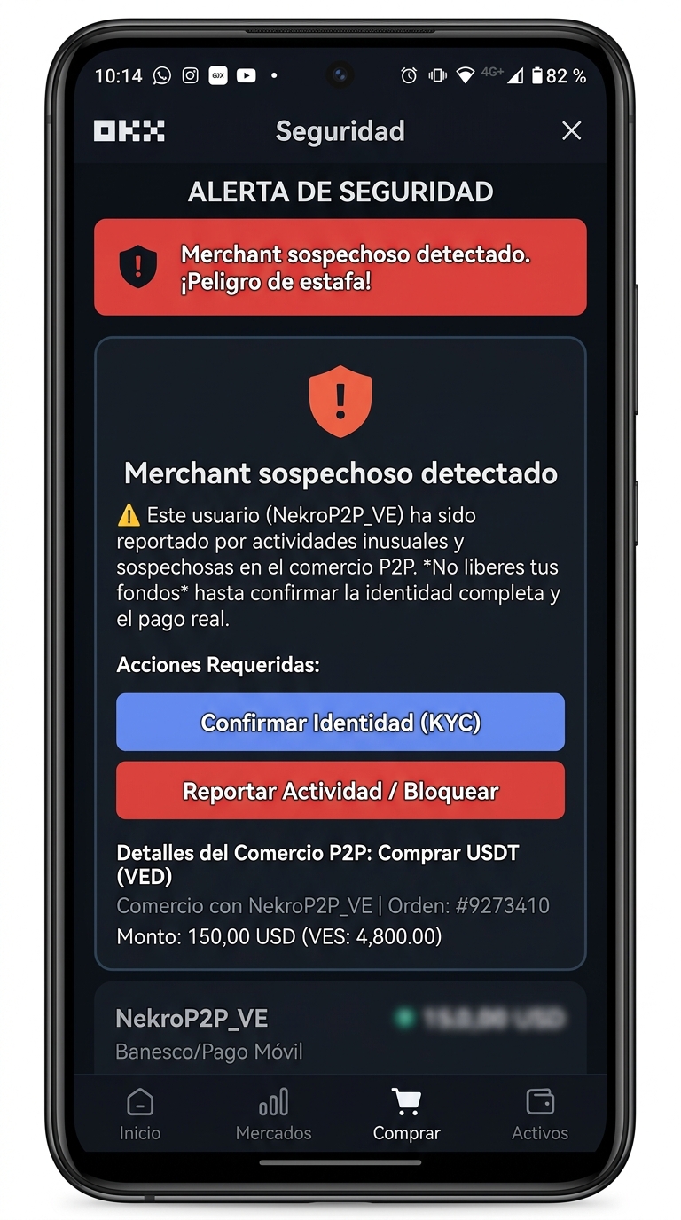 Interfaz móvil de comercio P2P (okx - risk-warning)