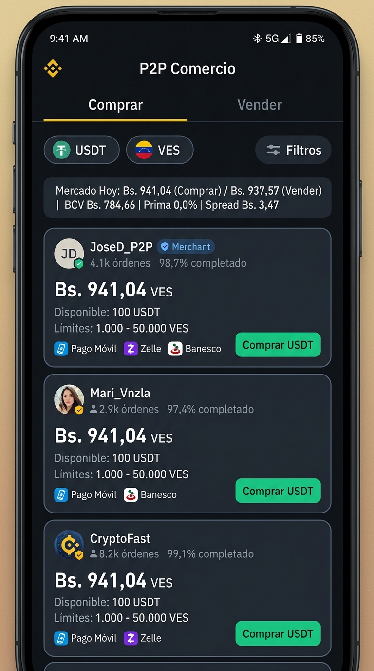 Brecha USDT P2P vs BCV en 19,09%: demanda y liquidez