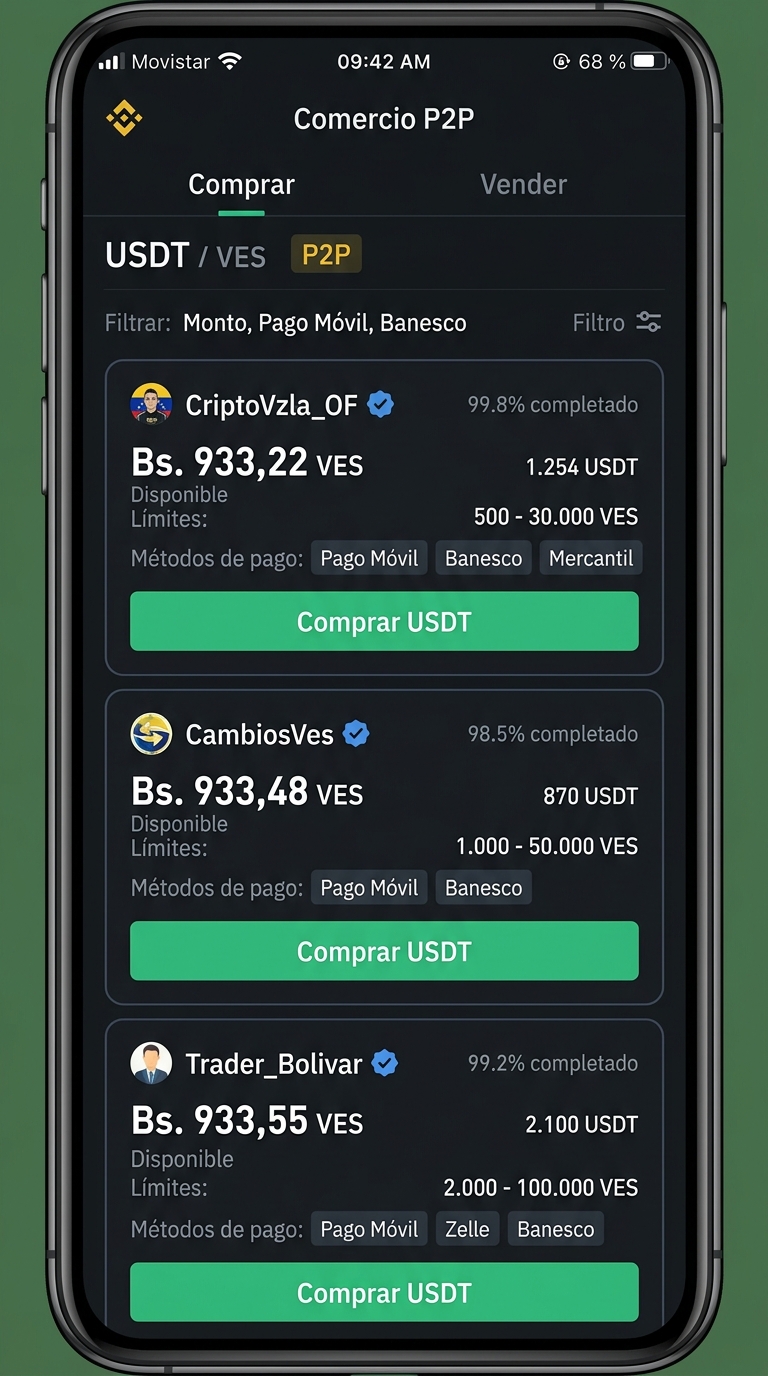 USDT en Binance P2P cotiza en Bs. 928 con prima del 18% frente a la tasa BCV