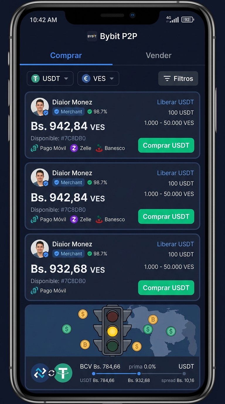 USDT P2P: prima de 20,88% frente al BCV y semáforo en amarillo